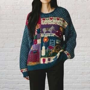 Vintage Northern Isles Hand Knit Sweater Antique Store Scene Granny Size Medium